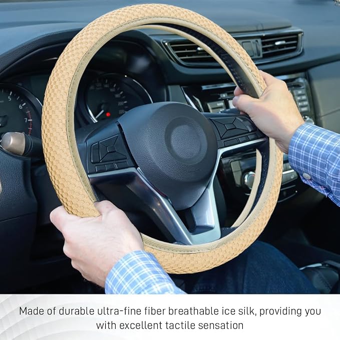Elastic Stretch Steering Wheel Cover, Steering Wheel Protector, 15 Inch Anti-Slip Breathable Microfiber Ice Silk Protection, Easy Carry, Warm in Winter & Cool in Summer for Cars (Beige)