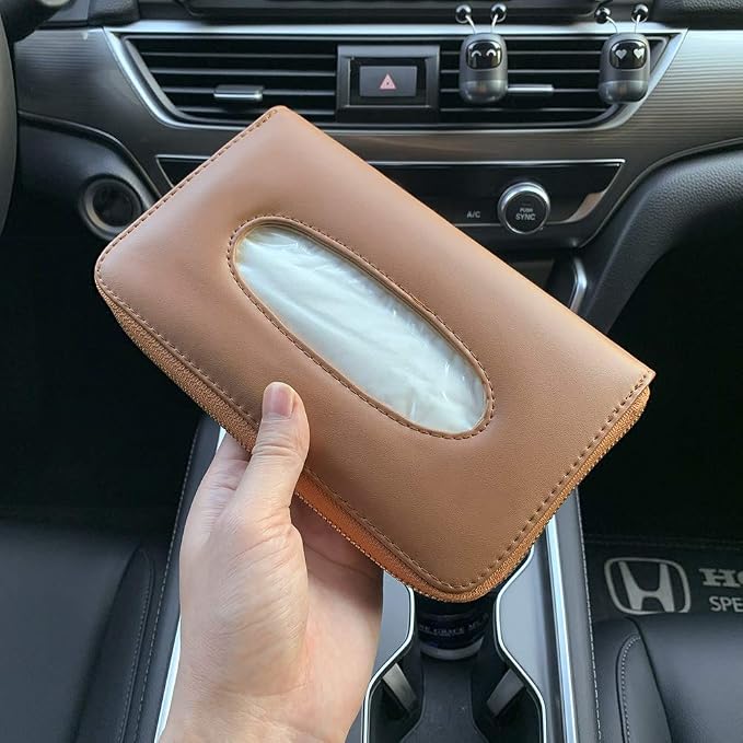 Sun Visor Tissue Holder, PU Leather Backseat Napkin Case for Car Vehicle with Zipper (Brown)