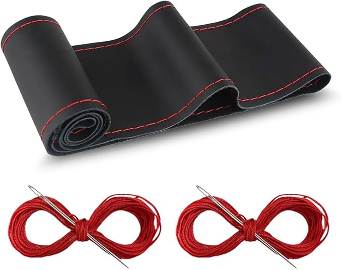Car Genuine Leather Steering Wheel Cover, DIY Sewing with Needle and Thread, Breathable, and Anti-Slip, Universal 15 Inch Car Steering Wheel Stitching Wrap (Black Red, Glossy)