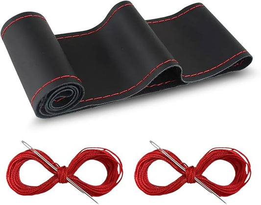 Car Genuine Leather Steering Wheel Cover, DIY Sewing with Needle and Thread, Breathable, and Anti-Slip, Universal 15 Inch Car Steering Wheel Stitching Wrap (Black Red, Glossy)