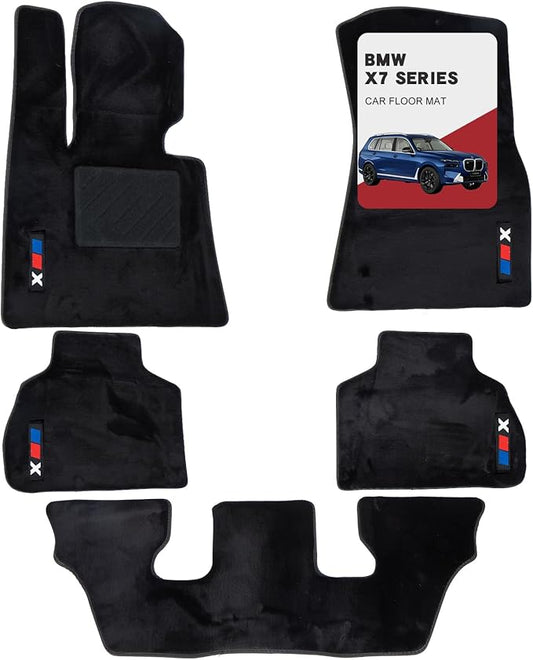 Custom 3D car mats for BMW X7 6-Seater 2019-2024 Wool Carpet Car Mats - Glowing, Anti-Slip, All-Weather Full Coverage with Logo