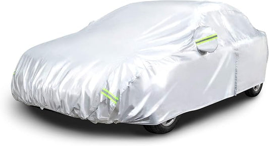 Amazon Basics Silver Weatherproof Car Cover, 150D Oxford, UV Protection, Snowproof, Dustproof for Sedans up to 190", with Reflective Strips and Straps
