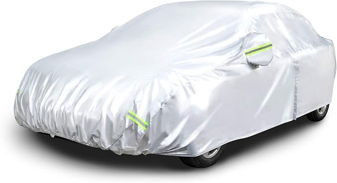 Amazon Basics Silver Weatherproof Car Cover, 150D Oxford, UV Protection, Snow Protection, Dustproof, Sedans up to 180", with Door Zipper and Reflective Straps
