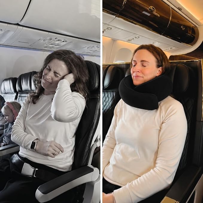 FlyHugz® Neck Travel Pillow Memory Foam Neck Pillow for Comfort on Airplane Compact and Ergonomic Design for Travel, Car Rides, and Home Use Ideal for Adults and Kids. (Midnight Black)