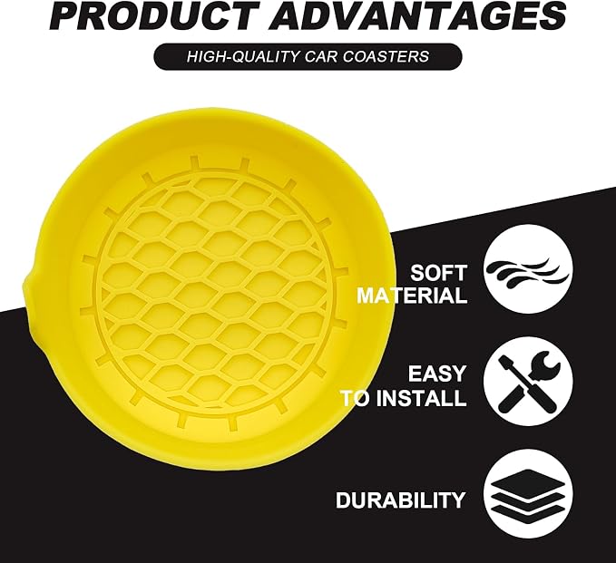 4-Pack Universal Cup Holder Coasters, Black Silicone Inserts - Keep Your Car Clean with Non-Slip & Spill-Proof Coasters for All Vehicles (Yellow)