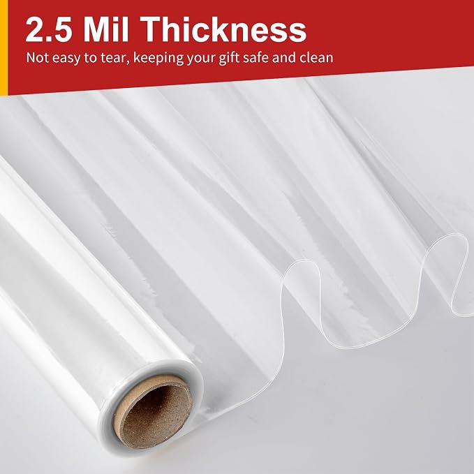 Mauproy 34 In x 100 Ft Clear Cellophane Wrap Roll | 34" Fold into 17", Extra Wide, 2.6 Mil Thick Transparent Wrapping Paper for Baskets, Flower Bouquets