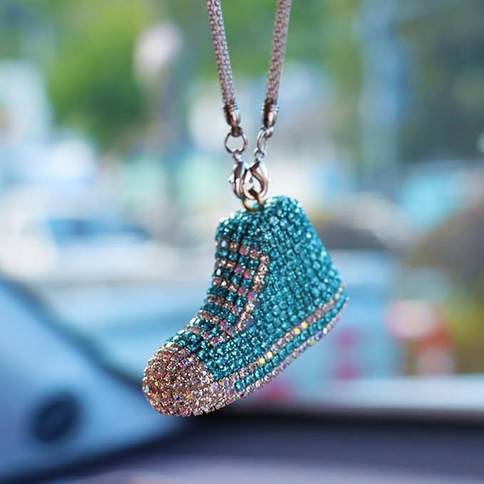 Bling Sneaker Shoe Sparkly Car Hanging Ornament, Cute Crystal Rear View Mirror Pendant, Diamond Rearview Mirror Charms, Lucky Car Interior Decor Accessories (Lake Blue)