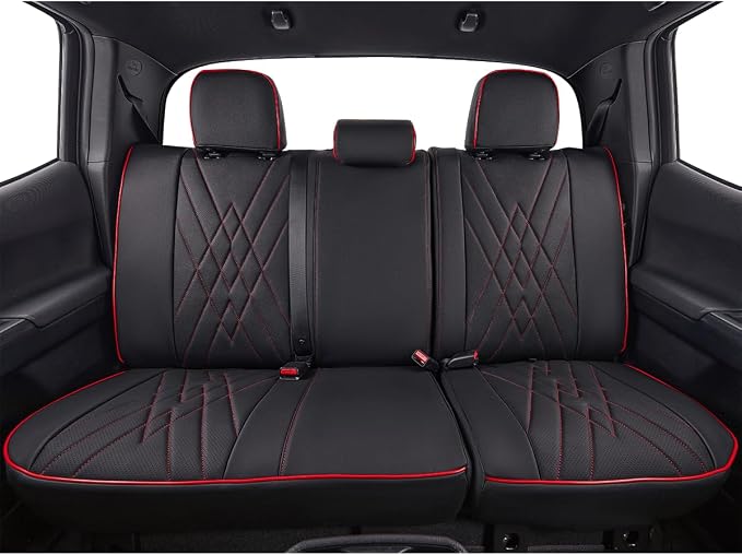 EKR Custom Fit Tacoma Rear Car Seat Covers for Toyota Tacoma 2016 2017 2018 2019 2020 2021 2022 2023 Access Cab - Second Row Only,Faux Leather(Black with Red Trim)