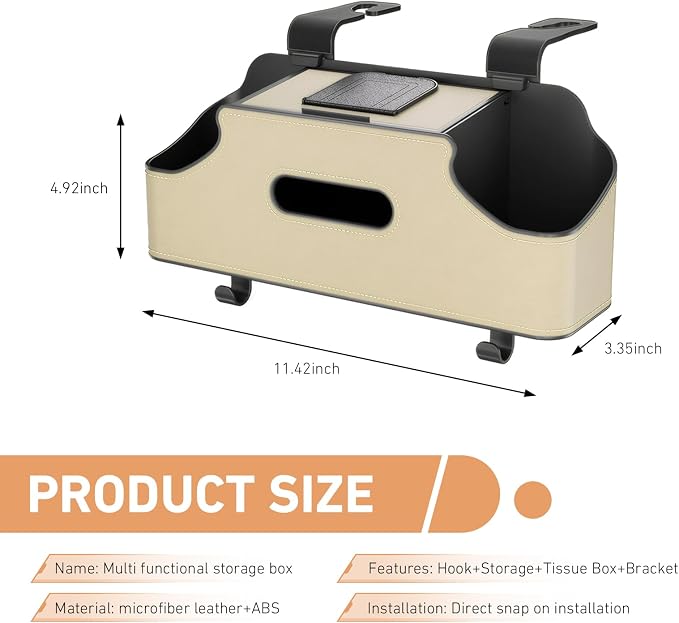 Car Organizer, Car Back Seat Organizer with 2 Drink Cup Holder, Leather Car Storage Box with Tissue Pouch, Multi-functional Behind Seat Storage Case, Universal for Most Vehicles (Beige)