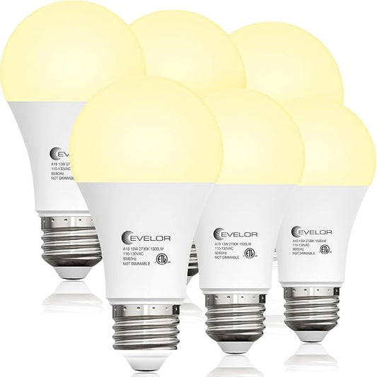 evelor 6-Packs A19 LED Light Bulbs,100 Watt Equivalent 2700K Soft Warm White Bright Bulbs Efficient 13W,1500 Lumens E26 Base, Non-Dimmable, 15000-Hour Lifespan for Bedroom, Living Room, Office