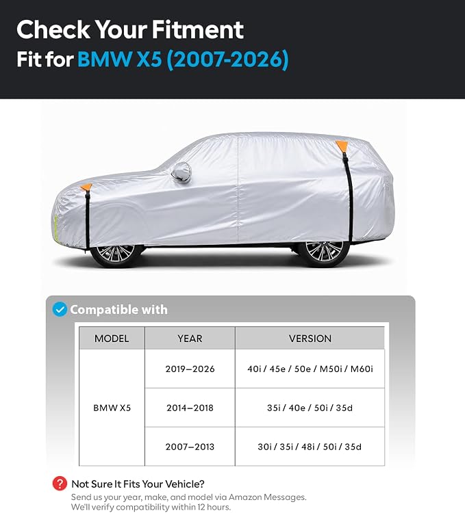 Wigoo BMW X5 Car Cover Accessories 2007-2026, Custom Fit Waterproof All Weather Outdoor Full SUV Cover, Windproof Sun UV Rain Snow Dust Protection, Door Zipper, Reflective Strips
