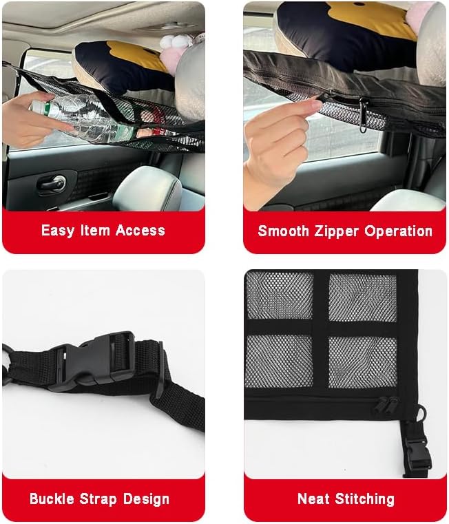 Car Ceiling Cargo Net Pocket for Toyota 4Runner Camry Corolla Highlander Prius Sienna, Large Capacity Double-Layer Overhead Storage with Zipper, Easy Item Organization for Road Trips