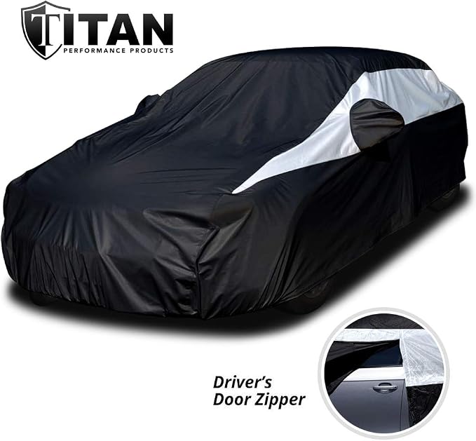 Titan Jet Black Poly 210T Car Cover for Large Sedans 203-212". Waterproof, UV Protection, Scratch Resistant, Driver-Side Zippered Opening. Fits Avalon, XTS, 6-8 and More.