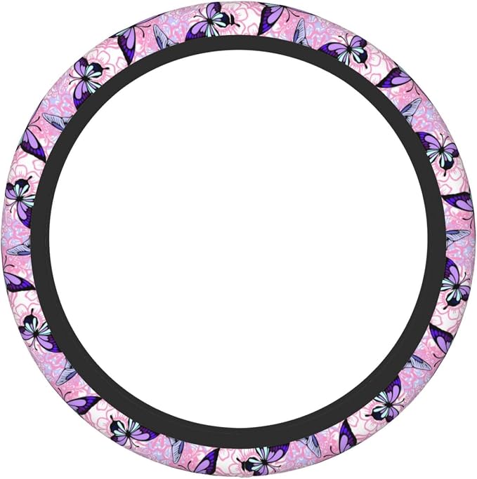 Pink Floral Purple Butterfly Pretty Steering Wheel Cover For Women Men Girls Car Accessories Decor Anti-Slip Neoprene Auto Steering Wheel Covers Protector Universal 15 Inch
