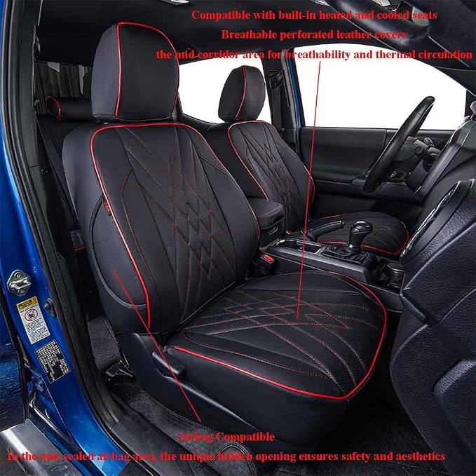 EKR Tacoma Front Seat Covers Custom Fit for Toyota Tacoma 2012 2013 2014 2015 (Regular Seats), Leather Truck Seat Cover for Car - Front Row Only,Faux Leather(Black with Red Trim)