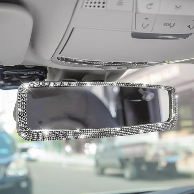 Osilly Bling Car Rearview Mirror, Decorations Rear View Mirror with Crystal Rhinestones & Diamonds, Car Interior Trim Accessories, Clip-on & HD Glass, Sparkly Gift for Mother Women Girls (Black)