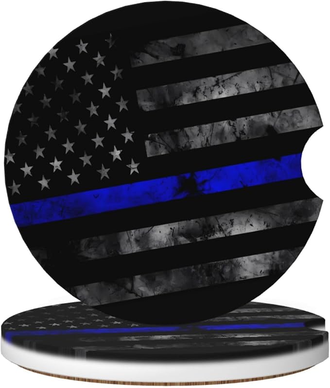 Vintage Thin Blue Line American Flag Absorbent Ceramic Car Coasters 2 Pack Insert Cupholder Coaster Car Cup Holder Mat with Finger Notch Anti-Slip Cork Base Reusable Drink Coasters 2.56 in