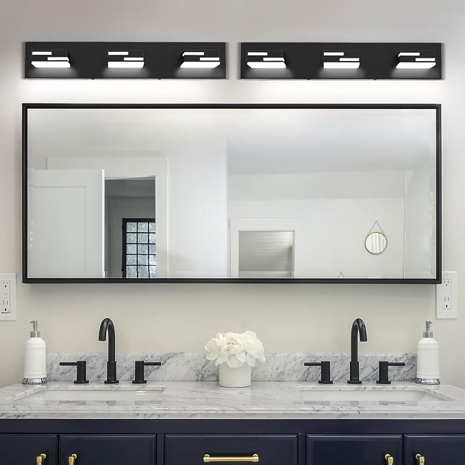 LED Modern Bathroom Vanity Light Fixtures, Dimmable Matte Black Vanity Lights for Bathroom Lighting Fixtures Over Mirror, with 360° Rotatable Acrylic Heads 3-Light 22-inch 5CCT