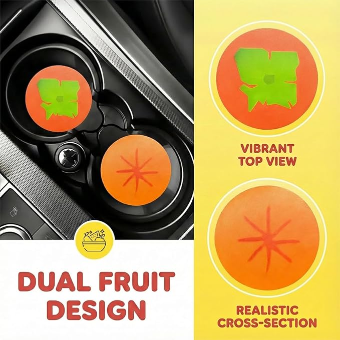 2PCS Fruit Pattern Car Cup Coasters, Cute Drink Insert Coaster, Non-Slip Car Cup Holder Coaster, Automotive Interior Accessories Water Bottle Holder Pad for Most Vehicles (Orange)