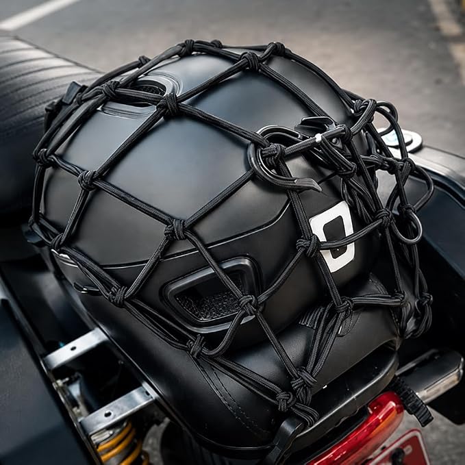 2 Pack Black Cargo Nets, Heavy Duty Latex 17"X17" Bungee Net Stretches to 34"x34", Gear Helmet Luggage Net with Tight 2.3"x2.3" Mesh & 12 Adjustable Plastic Hooks for Motorcycle, Bike, ATV
