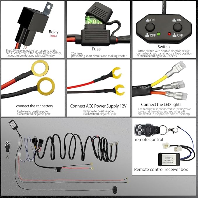 Double Color/High Low Beam 2 Lead Wiring Harness Kit with Remote Control DC12V 40A LED Lights Wiring Harness Switch Relay 14AWG Core Cable Harness fit for Work Lights Driving Lights Bar