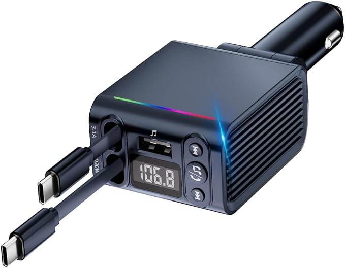 45W FM Transmitter Bluetooth Car Adapter, Wireless FM Bluetooth Transmitter | [PD 30W & QC3.0] Retractable Car Charger, Hands-Free Calling, Black