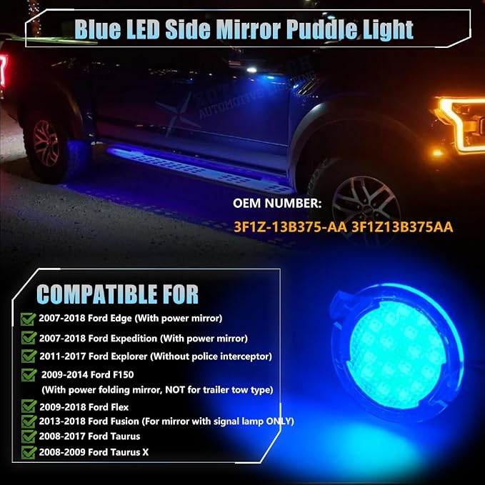 LED Side Mirror Puddle Lights for Fo-rd F150 Explorer Edge Expedition Flex Fusion Taurus X, 6000K Mirror LED Lamps F150 Accessories, 2 PCS (Blue)