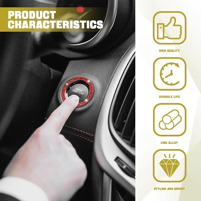 2PCS Bling Car Crystal Rhinestone Ring Emblem Sticker, Push to Start Button Cover/Sticker, Key Ignition Starter & Knob Ring, Car Interior Decoration Bling Car Accessories for Women