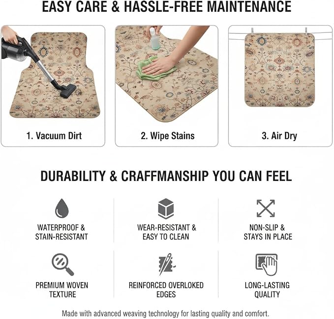 Vintage Boho Car Floor Mats-Non-Slip Rubber Backing,Front (26.8x17.3in) & Rear (13x17.3in) Set-Water Absorbing, Durable Automotive Floor Liners with Stylish Patterns
