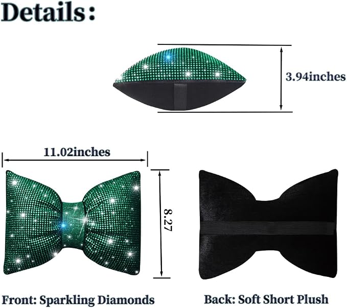 Bling Car Pillows Rhinestones Bowknot Neck Cushion Pillowsdiamond-Studded Headrest Accessories for Women Colourful Rhinestone Car Accessories Green 2Pcs