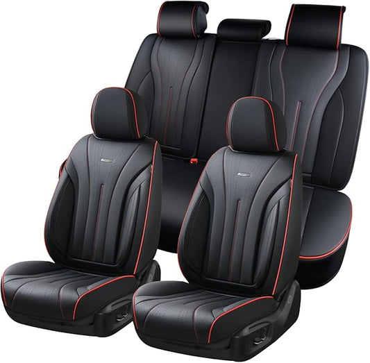 Coverado Car Seat Covers Full Set, Leather Seat Covers for Car, Waterproof Seat Covers, Automotive Seat Cushions, Breathable Car Seat Protector Universal for Most Sedans, Trucks, SUV (Black &Red Line)