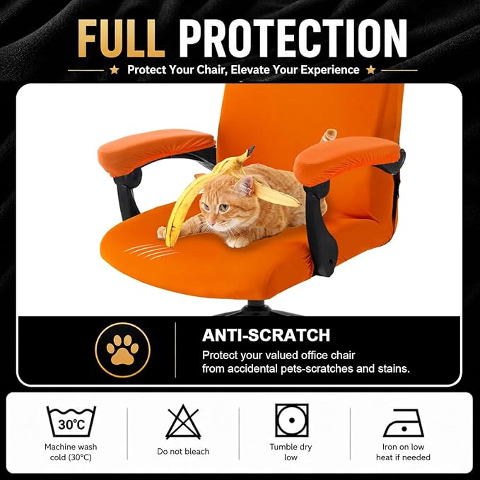 Stretch Computer Office Chair Cover with Armrest Covers Durable Zipper Universal Washable Removable Spandex Rotating Boss Chair Slipcovers Anti-dust Soft Desk Chair Seat Protector, Orange