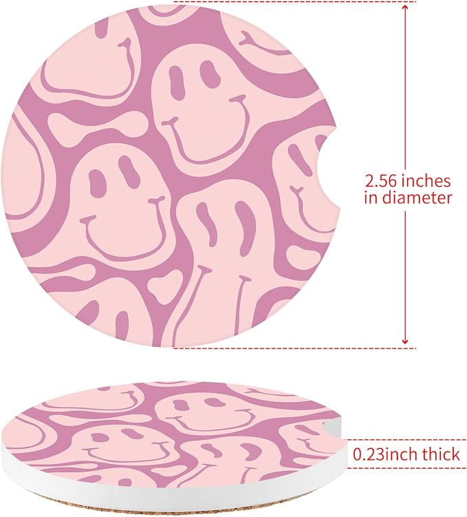 Car Coasters,Purple Smily Absorbent 2 Pack for Cup Holders with Finger Notch,2.56 inches Ceramics Heat Resistant Anti Slip Cork Base Car Drinks Coasters Auto Cup Holder(Pink Smily)