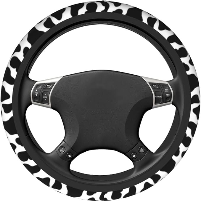 Black and White Cow Print Steering Wheel Cover Anti-Slip and Practical 14.5-15 Inch Universal Car Steering Wheel Cover with 2 Pieces Car Coasters Suitable for Men Women