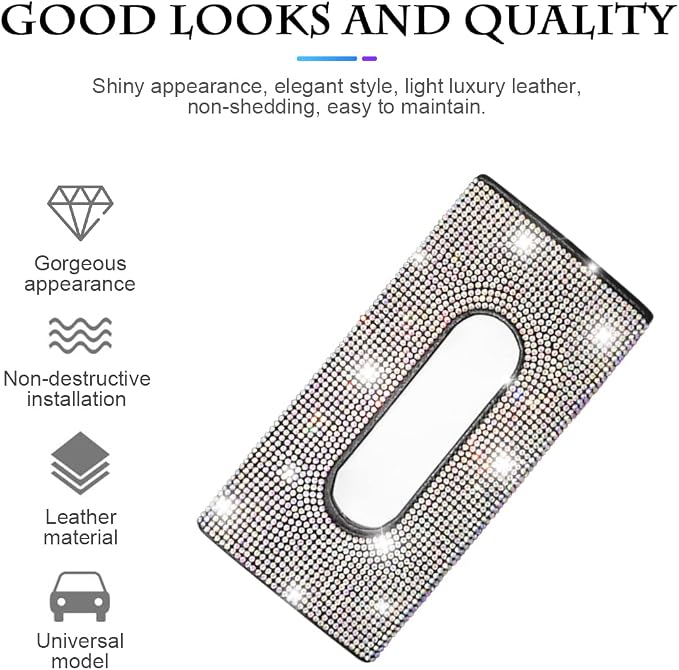 Bling Car Sun Visor Tissue Box Holder, Rhinestone PU Leather Crystal Sparkling Napkin Holder, Backseat Paper Towel Cover Case Car Accessories for Women (Multicolor)