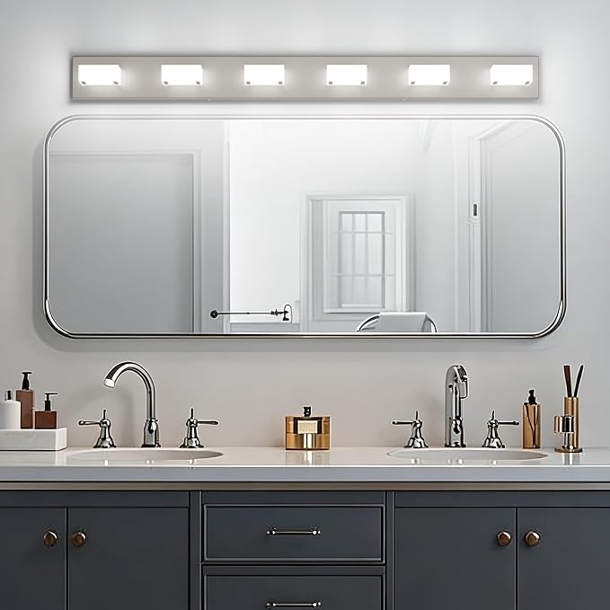 Ralbay Brushed Nickel Bathroom Vanity Lights 48inch Metal Acrylic LED Modern Bathroom Wall Lighting Fixtures Over Mirror Brushed Nickel (White Light 6000K, Non-dimmable)