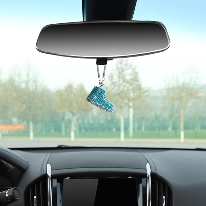 Bling Sneaker Shoe Sparkly Car Hanging Ornament, Cute Crystal Rear View Mirror Pendant, Diamond Rearview Mirror Charms, Lucky Car Interior Decor Accessories (Lake Blue)