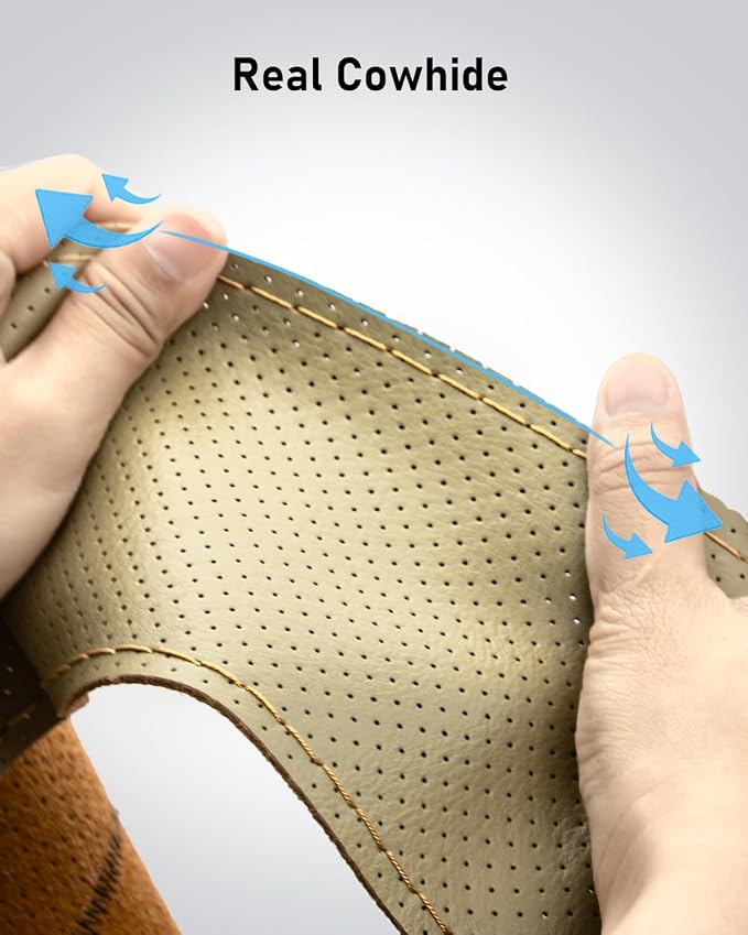 Belinous Perforated Leather Car Steering Wheel Cover (Size M4, Beige) | Stitch On Wrap, Universal fit 13-20 Inch, Whole Piece of Cowhide, DIY w/Needle Thread, Breathable Anti-Slip Design