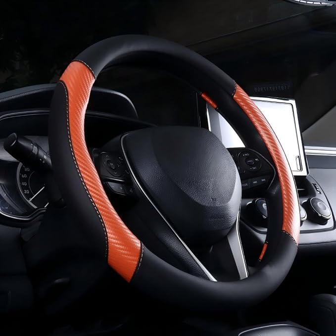 Carbon Fiber Steering Wheel Cover - Premium Perforated Leather Sport Wrap with Odorless Rubber Non-Slip Inner, Universal Fit for Cars SUVS - 15 Inch (Orange)