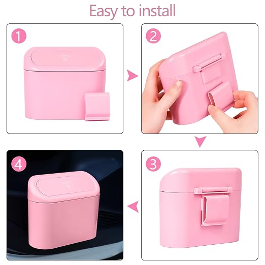 NBTEPEM Pink Car Trash Can with Lid, Mini Auto Garbage Can with 30 Trash Bags, Leakproof Automotive Garbage Container Bin, Multipurpose Organizers and Storage for Car, Home, Office (Pink)