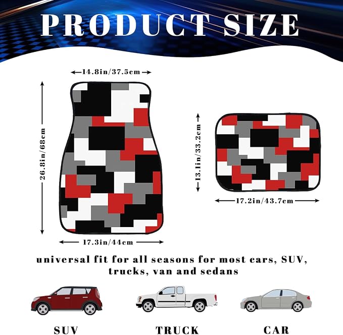 Red Black Car Floor Mats Set of 4 Geometric Abstract Retro Pixel Automotive Foot Mats Rugs Carpet for Car Non-Slip Auto Car Accessories Universal Fit Car Accessories for Truck