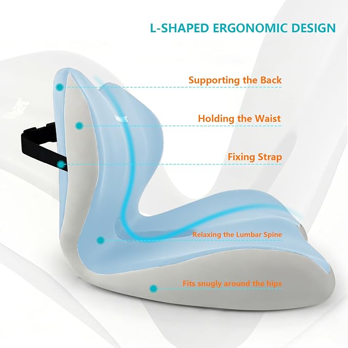 Ergonomic Memory Foam Seat Cushion with Strap for Office Chair, Blue Grey | Contoured coccyx cutout supports back and butt, with a non-slip base and washable cover for office chairs and cars.