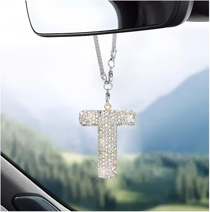 DXNQ Bling Initial Car Rear View Mirror Ornament, Crystal Sparkling Cute Letter Charm Pendant Auto Decor, Hanging Lucky Diamond Initial Charm Car Mirror Bag Ornament for Girl Women (Letter T)