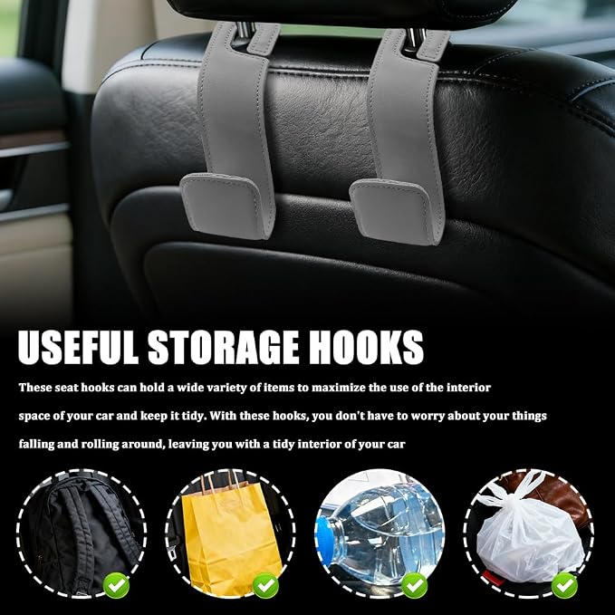 Car Seat Headrest Hooks, Purse Hook for Car, Automotive Headrest Handbags Holder, Auto Accessories Leather Seatback Organizer Hanger for Hanging Purses Bags Coats (Gray, 1PCS)