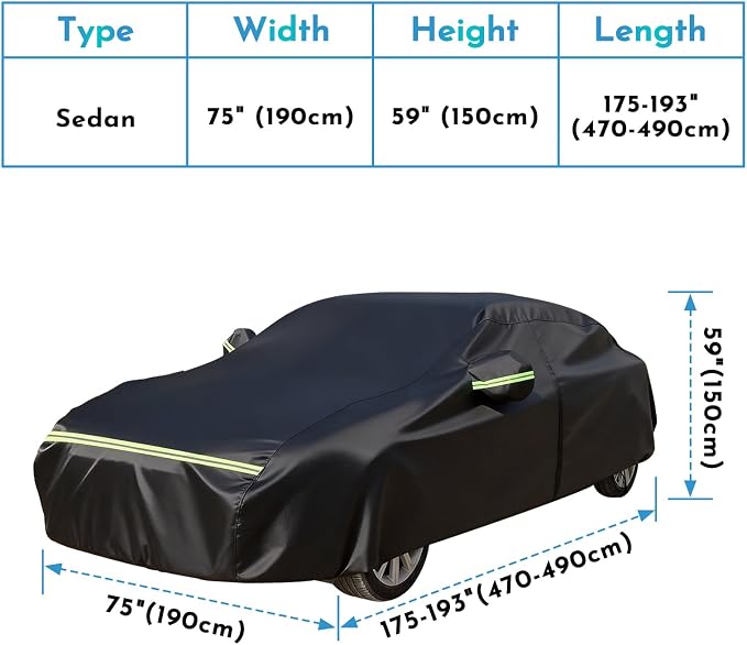 Sedan Car Cover Waterproof Heavy Duty All Weather Protection Snow Anti-UV Windproof Outdoor Full Car Cover Fit for Automobiles BMW/Mercedes-Benz/Honda（Car Size:185~193''L x 72''W x 59''H）
