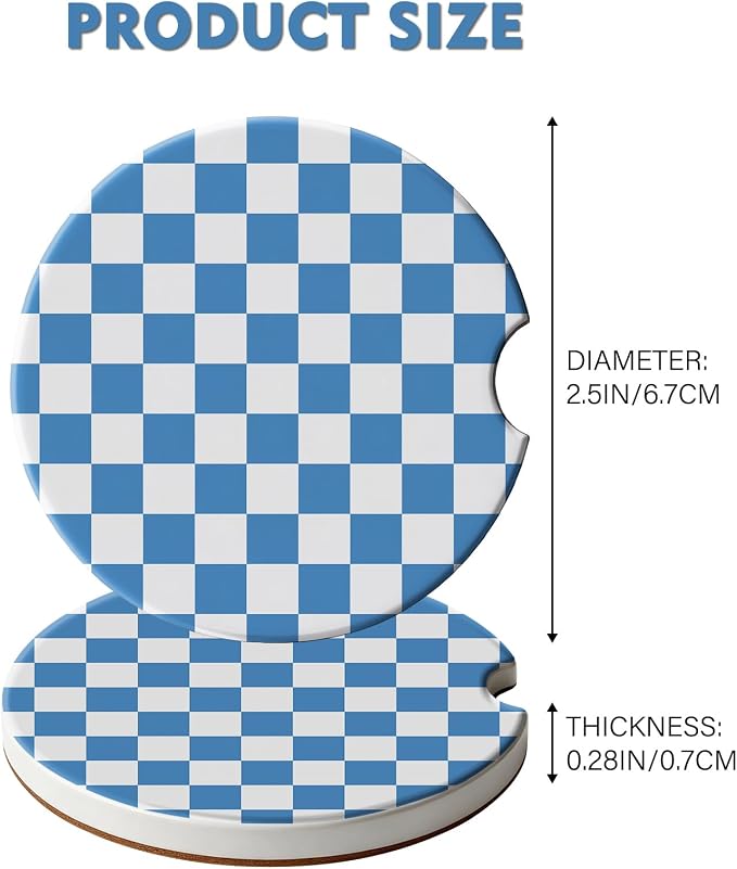 2 Pack Car Coasters for Cup Holders, Absorbent Ceramic Cup Coaster with Cork Base and Finger Notch, Cute Car Accessories Interior for Women Men (Grid-Blue)