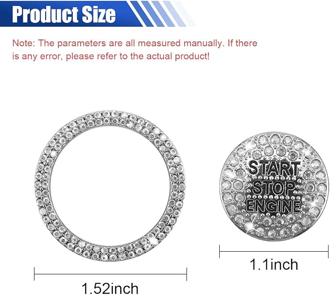 Bling Crystal Car Engine Start Ring Sticker, Sparkling Rhinestone Push Start Button Decorative Cover, Anti-Scratch Key Ignition & Knob Bling Ring Car Interior Accessories for Women (2PCS White)