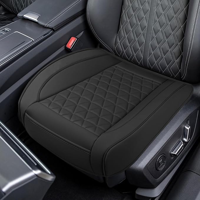 Luxury Faux Leather Car Seat Cover, Car Seats Cushion, Black | Anti-Slip Waterproof Universal Front Bottom Seat Protector with Storage Pocket for Sedans, SUVs, Trucks, Triangular Pattern