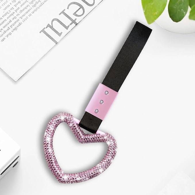 NBTEPEM Bling Heart Handle Ring Bling Car Accessories for Women Handle Strap Drift Charm Rear Bumper Warning Ring Tsurikawa Heart Decor for Car Interior Exterior Decoration (Pink, Heart Style)