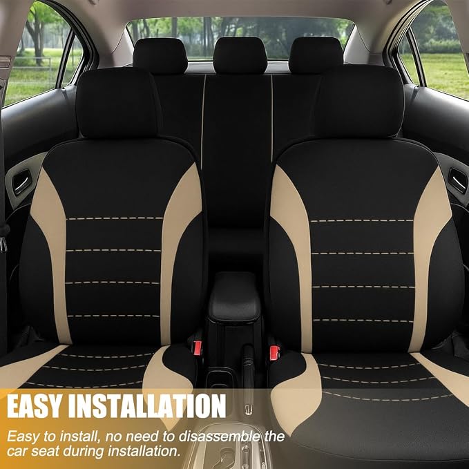 Car Seat Cover Full Set, Fashion Soft Sponge Vehicle Front and Rear Split Bench with Removable Headrest Cover, Breathable Auto Seat Protector, Universal for Truck SUV Sedan (Beige/Black)